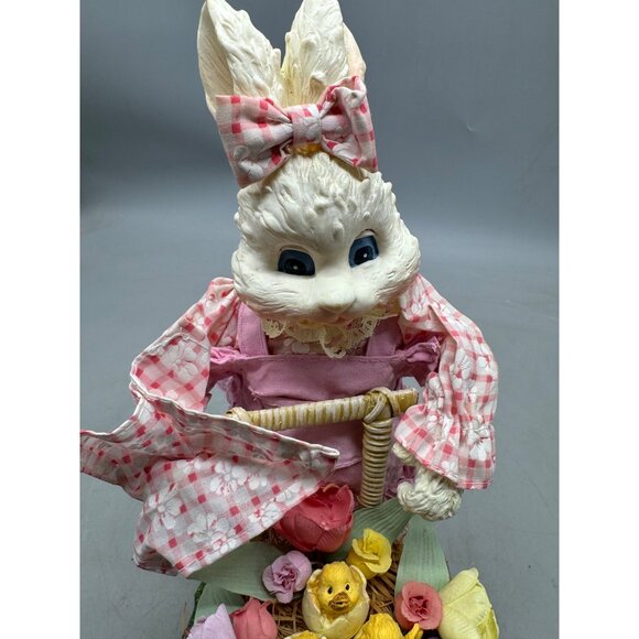 Vintage Ceramic Bunny Figurine Pink Checkered Dress Basket Flowers Chicks READ - Picture 9 of 10